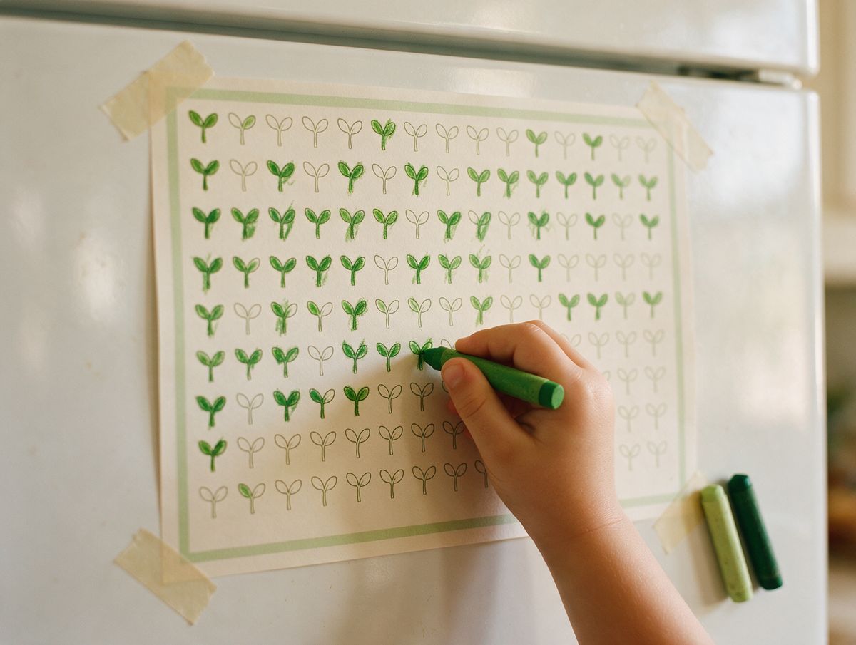 Child coloring sprouts on a Growth Chart taped to the fridge