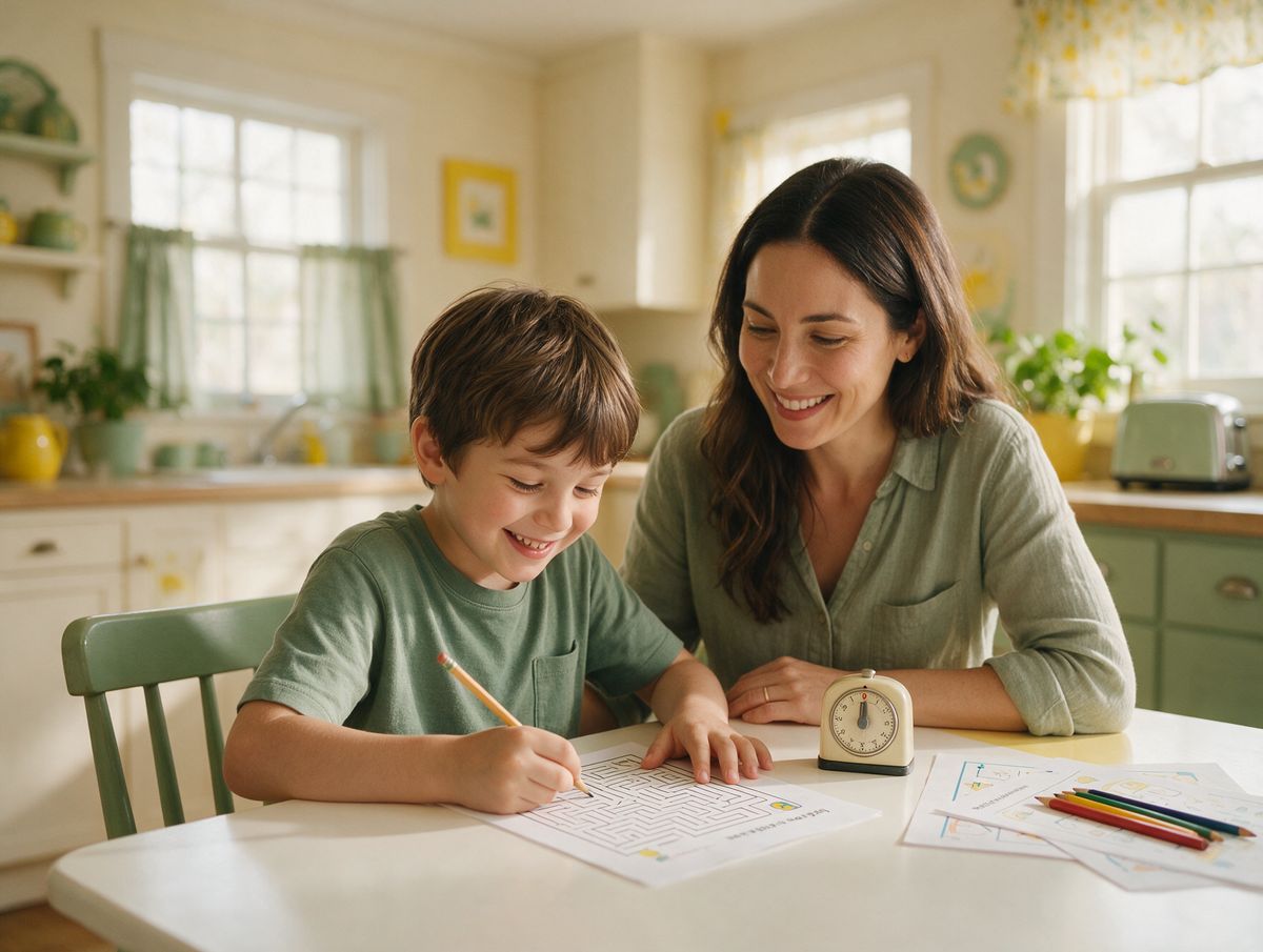 Child solving a printed maze at the kitchen table with a parent and a timer