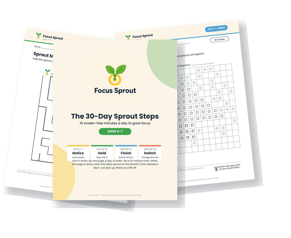 Focus Sprout printable pages: a maze, a color-by-code page and the program cover